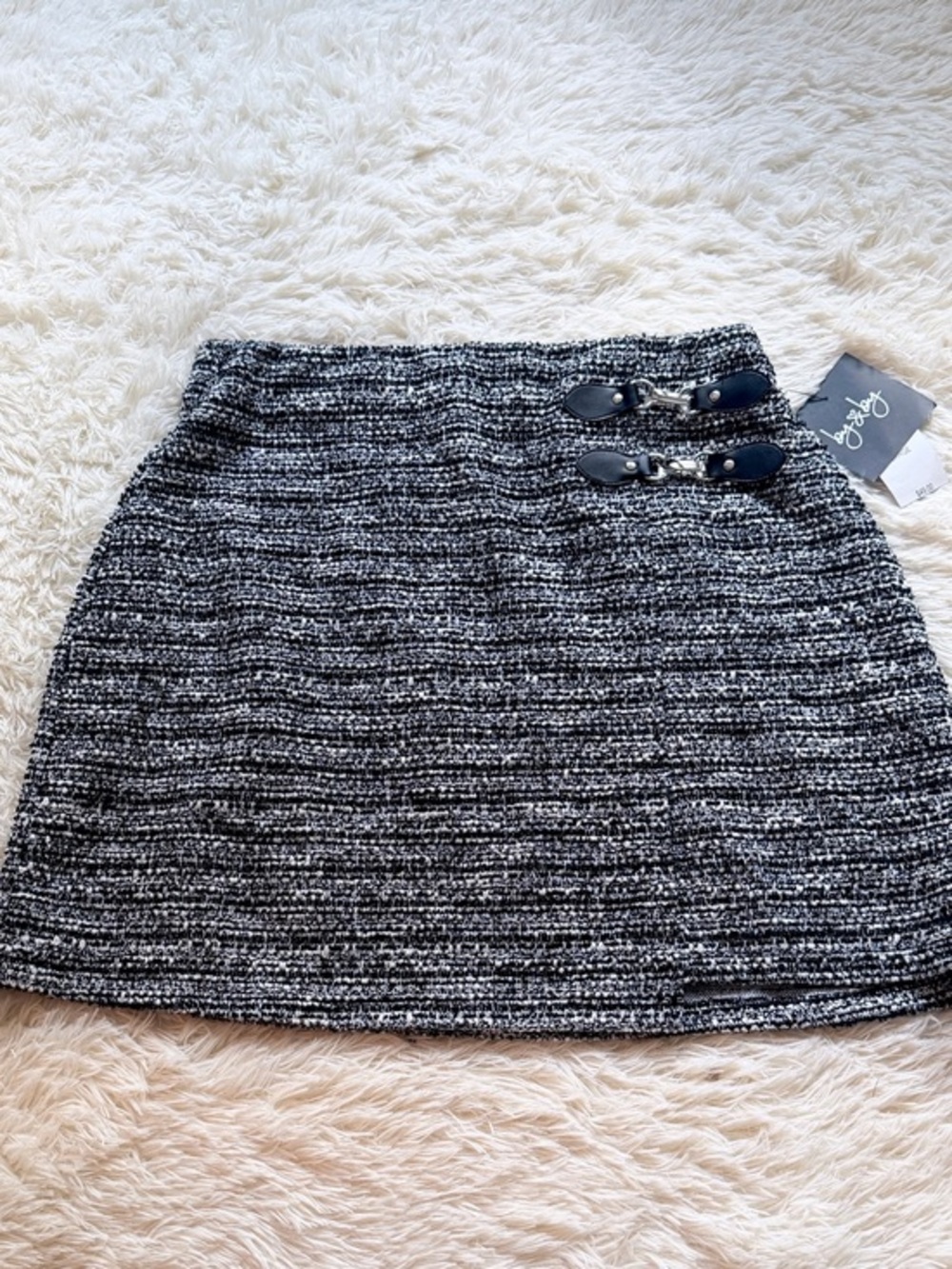 by & by Black and White Tweed Mini Skirt with Buckle Detail